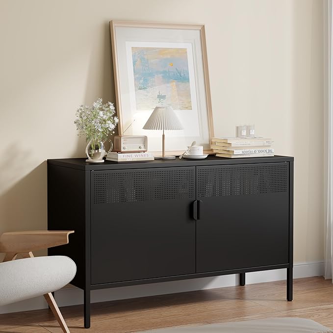 Metal Storage Cabinet with 2 Doors & Adjustable Shelves, 25" H Black Accent Cabinet, Metal Locker Storage Cabinets, Tv Stand Cabinet for Home, Office, Living Room, Entryway