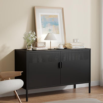 Metal Storage Cabinet with 2 Doors & Adjustable Shelves, 25" H Black Accent Cabinet, Metal Locker Storage Cabinets, Tv Stand Cabinet for Home, Office, Living Room, Entryway