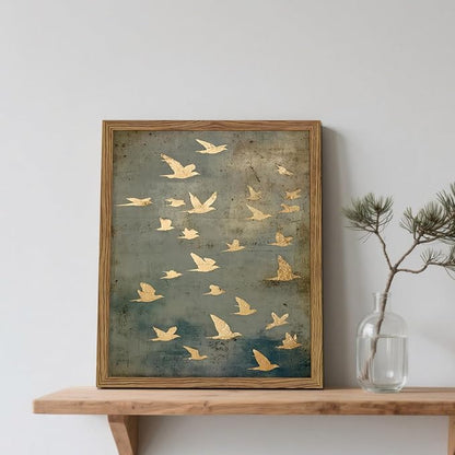 Framed Flock of Birds Canvas Wall Art, Vintage Minimalist Abstract Landscape Painting, Neutral Gold Birds Spiritual Wall Decor, Modern Aesthetic Pictures for Bedroom Living Room 12x16 inch