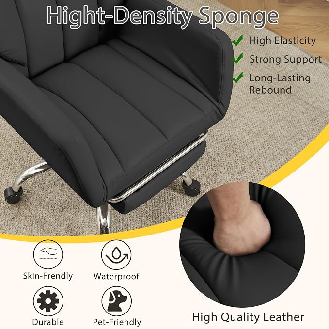 Ergonomic Cross Legged Office Chair with Footrest,Leather Big and Tall Executive Chair with Lumbar Pillow,Reversible Armrest for Pets,155° Reclining Computer Wide Desk Chair for Home,Office, Black