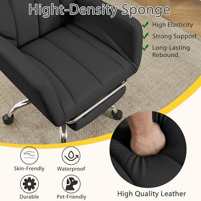 Ergonomic Cross Legged Office Chair with Footrest,Leather Big and Tall Executive Chair with Lumbar Pillow,Reversible Armrest for Pets,155° Reclining Computer Wide Desk Chair for Home,Office, Black