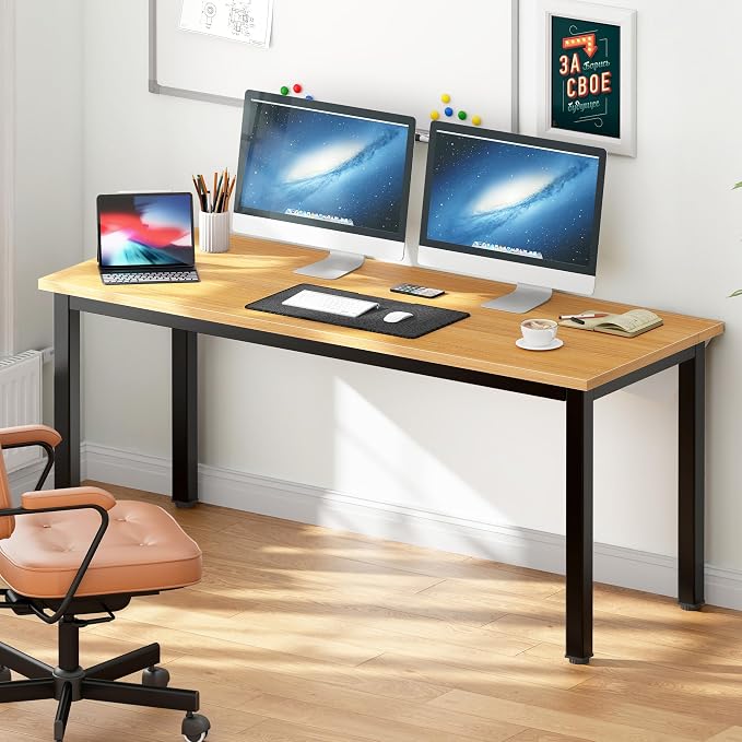 SogesHome 63 inches Computer Desk for Home Office, Modern Simple Large Gaming Desk, Writing Study Laptop Table Workstation with Metal Frame, Teak and Black