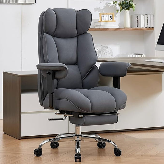 Efomao Executive Office Chair, Bluegrey Fabric Big and Tall Desk Chair | Breathable fabric, pocket spring & foam seat, retractable footrest, 135° recline for computer gaming setup