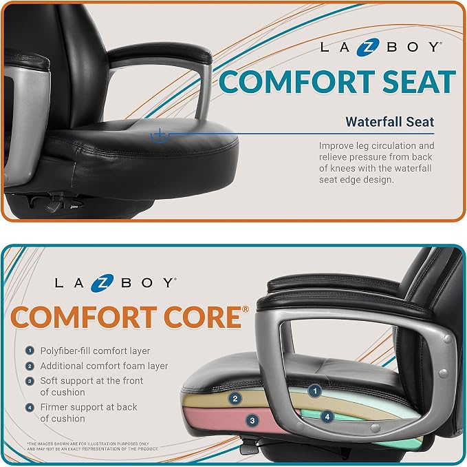 La-Z-Boy Arcadian Ergonomic Executive Chair, Bonded Leather, Black, 29.5D x 28W x 43.25-46.25H inches, 275 lbs Weight Capacity