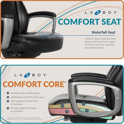 La-Z-Boy Arcadian Ergonomic Executive Chair, Bonded Leather, Black, 29.5D x 28W x 43.25-46.25H inches, 275 lbs Weight Capacity