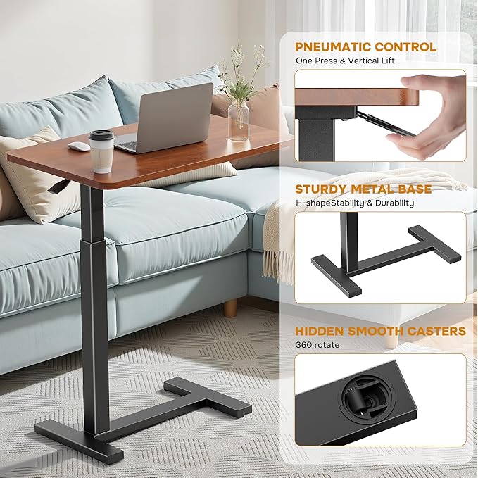 Simple Deluxe Adjustable Overbed Bedside Table with Wheels, Pneumatic Adjustable Hospital & Home Use Bed Table, Rolling Laptop Table, Mobile Standing Desk, Brown