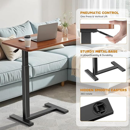 Simple Deluxe Adjustable Overbed Bedside Table with Wheels, Pneumatic Adjustable Hospital & Home Use Bed Table, Rolling Laptop Table, Mobile Standing Desk, Brown