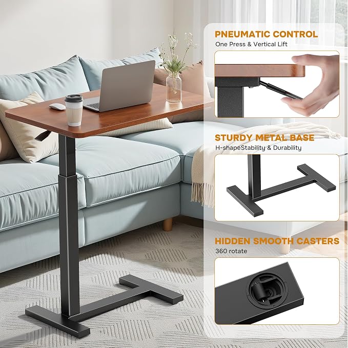 Adjustable Overbed Bedside Table with Wheels, Pneumatic Adjustable Hospital & Home Use Bed Table, Rolling Laptop Table, Mobile Standing Desk, Brown