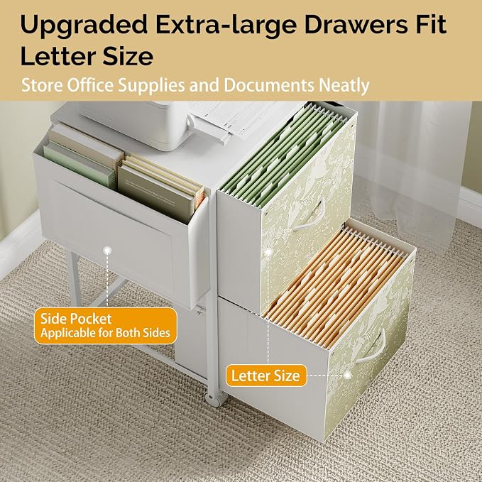 VINGLI 2 Drawer File Cabinet with Side Bag, Rolling File Cabinet Mobile Under Desk File Cabinet with Wheels, Fabric Drawers Printer Stand for Home Office, Fits Letter Size, White Green
