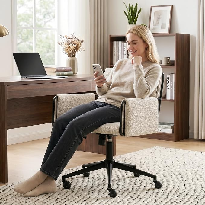 Rowill Modern Office Chair, Beige Boucle Fabric, Adjustable Height, 300 LBS Capacity, Wheels, Arm Rest, Perfect for Home Office, Bedroom, Makeup Room