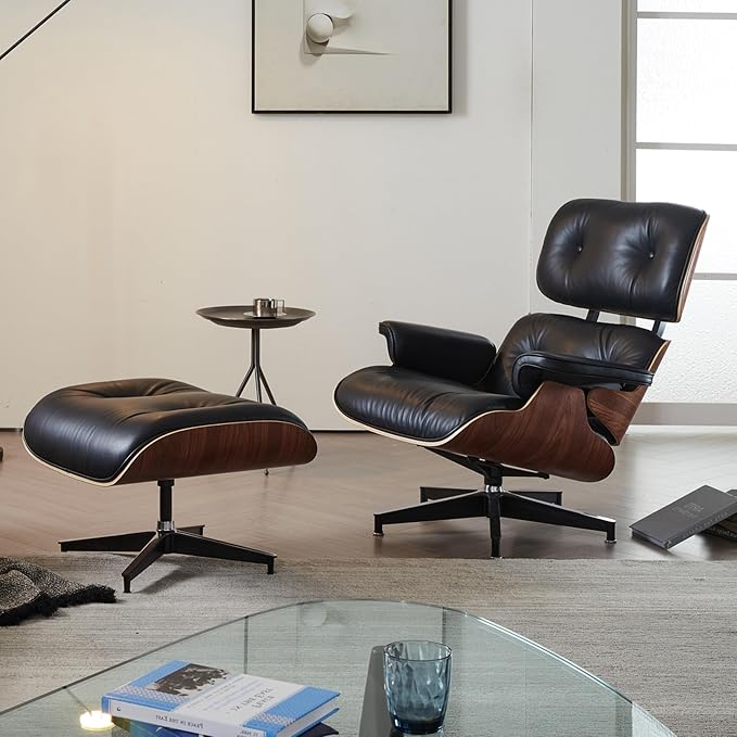 Mid Century Chaise Lounge Chair and Ottoman, Genuine Leather Reading Chair, Modern Chair Classic Design, Heavy Duty Base Support for Living Room Study Lounge Office,Tall Upgraded, Walnut Black