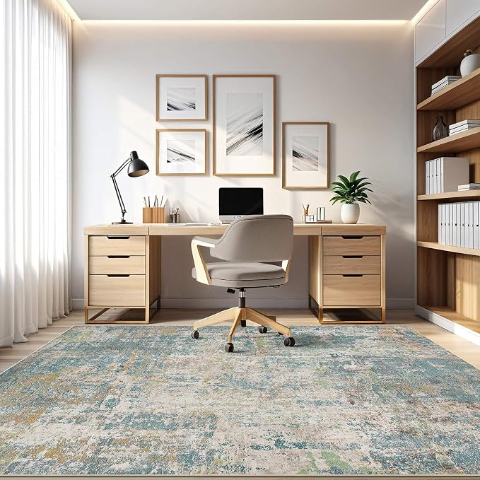 8x10 Area Rugs Living Room: Washable Large Abstract Neutral Modern Soft Rug Stain Resistant Indoor Floor Non-Slip Accent Carpet for Bedroom Nursery Playroom Office Dining Room Home Decor- Teal