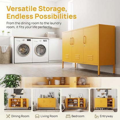 47.5" Wide Yellow Metal Storage Cabinet with Lock and Ventilated Doors, 2 Adjustable Shelves, Heavy Duty Home Metal Accent Locker for Kitchen Office Living Room Hallway