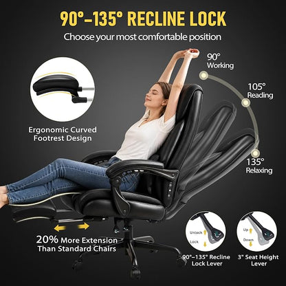 3D Kneading Massage Office Chair with Heat, 500 lbs Big and Tall Executive Computer Desk Recliner, Leather Electric Heated Chair with Footrest, Black