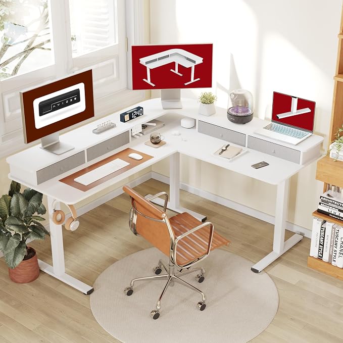 SANODESK 63" L Shaped Standing Desk with 3 Drawers, Height Adjustable Stand up Desk, Corner Gaming Desk with Monitor Stand, White Frame/White Top