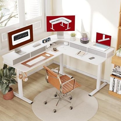SANODESK 63" L Shaped Standing Desk with 3 Drawers, Height Adjustable Stand up Desk, Corner Gaming Desk with Monitor Stand, White Frame/White Top