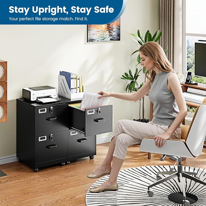 PEUKC 2 Drawers Mobile File Cabinet with Lock, Under Desk Rolling File Cabinet for Home Office, Organizes Letter Legal A4 Files, Black(Assembly Required)