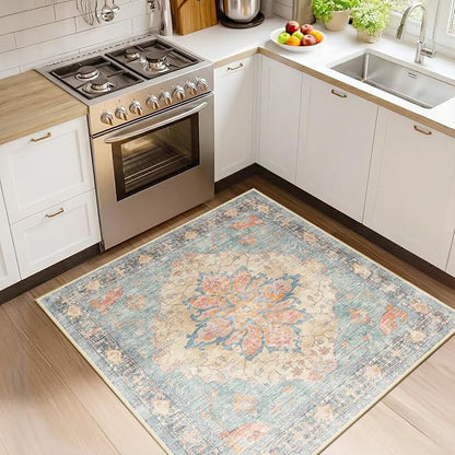 RELEANY Area Rugs Square 4ft Washable Non-Slip, Floral Vintage Distress Medallion Carpet for Living Room Bedroom Dining Room, Blue Orange Red