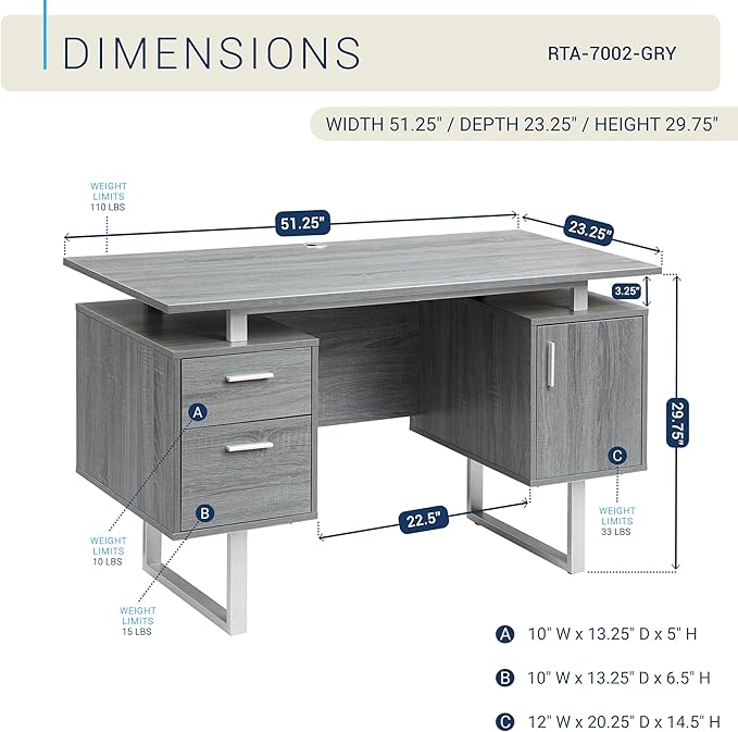 Techni Mobili Modern Office Desk with Storage, Gray