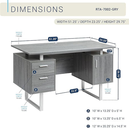 Techni Mobili Modern Office Desk with Storage, Gray
