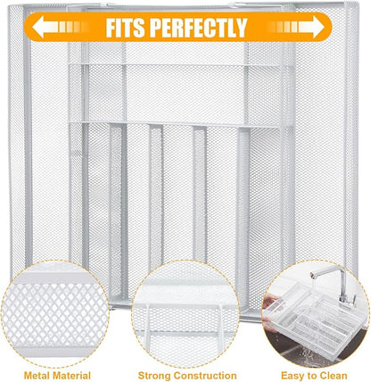 2 Pcs Utensil Drawer Silverware Organizer, Metal Mesh Expandable 13" 24" Kitchen Drawer Organizer, 7-9 Slots Cutlery Tray Dividers for Kitchen Flatware Christmas Housewarming Gift (White)