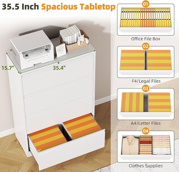 Lateral File Cabinet, 4 Drawer Lateral File Cabinet with Lock, Metal Lateral Filing Cabinet for Home Office, Office Organization Cabinet for Letter/Legal/F4/A4 Size