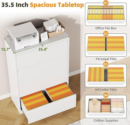 Lateral File Cabinet, 4 Drawer Lateral File Cabinet with Lock, Metal Lateral Filing Cabinet for Home Office, Office Organization Cabinet for Letter/Legal/F4/A4 Size