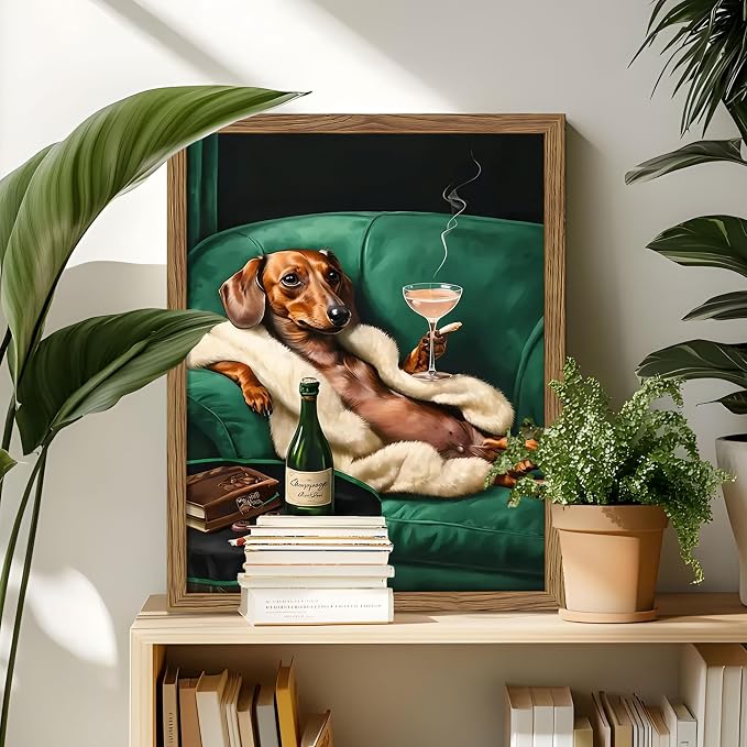 Framed Funny Dachshund Wall Art, Playful Dog Canvas Print with Martini and Cigar, Humorous Animal Poster, Abstract Dog Wall Decor for Living Room Bedroom, Gift for Pet Lovers 12x16 inch