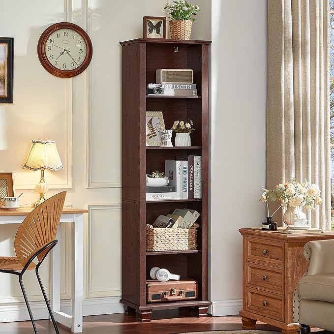 SAVOR LIFE Narrow Walnut Book Shelf, 70" Tall Skinny Bookshelf with Adjustable Shelves & Wooden Legs, Farmhouse Wood Bookcase w/5-Tier Open Storage, Free Standing Book Case for Office, Living Room