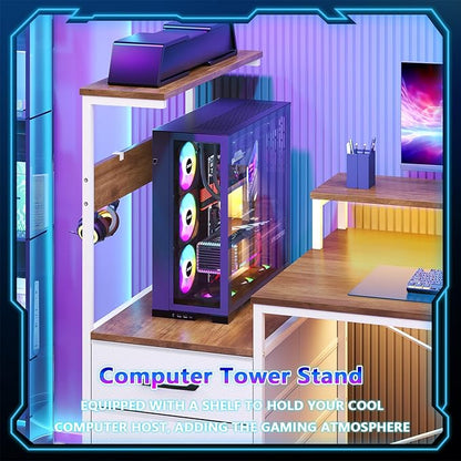 YOMILUVE L Shaped Gaming Desk with Drawers & Storage Shelves, White Gaming Desk with Power Outlets & LED Light, Reversible Computer Desk with Monitor Stand & Hooks, Brown and White