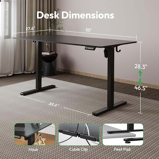 Large Electric Standing Desk,55x28 Inches Adjustable Height Stand up Desk, Sit Stand Home Office Desk, 3 Preset Heights,Equipped with Hooks,Ergonomic Computer Desk Workstation，Black