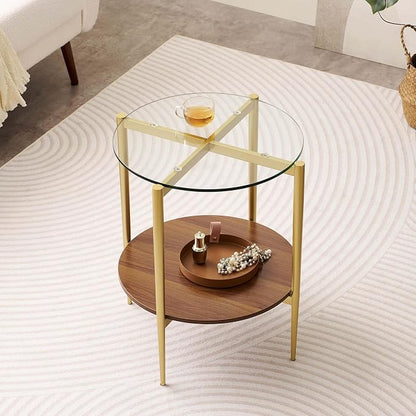 LumFurn Round Glass End Table, Mid-Century Modern Design Sofa Table for Living Room, D18 x H23, 2-Tier Structure, Clear Glass Top and Walnut Shelf, Sleek Conical Legs with Gold Finish Frame