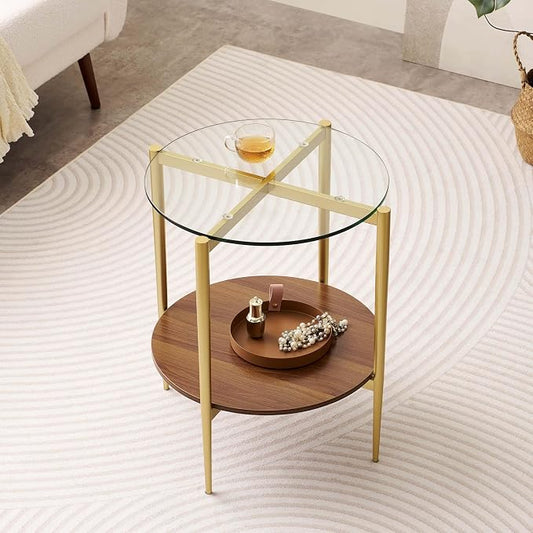 LumFurn Round Glass End Table, Mid-Century Modern Design Sofa Table for Living Room, D18 x H23, 2-Tier Structure, Clear Glass Top and Walnut Shelf, Sleek Conical Legs with Gold Finish Frame