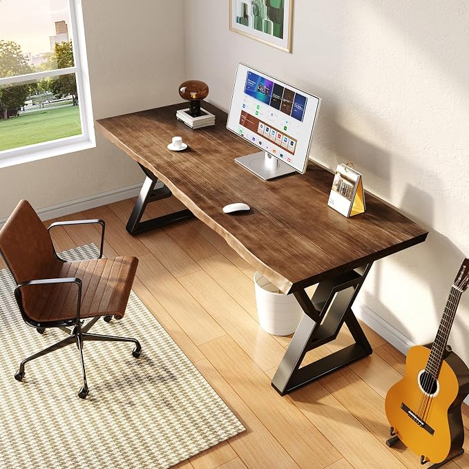 55 Inch Real Wood Desk for Home Office, Solid Pine Writing Desk with Natural Live Edge, Rustic Computer Desk with Industrial Metal Legs, Large Workstation Table for Study, Gaming and Dining