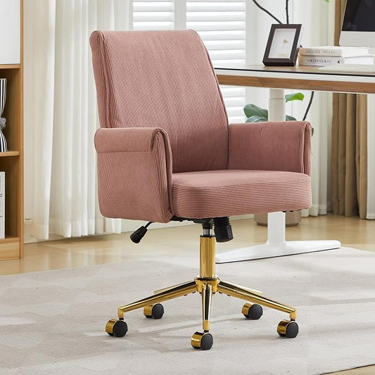 YITAI Stripes Velvet 360°Swivel Desk Chair, Modern Height Adjustable Home Office Armchair with Gold Base and Wheels for Vanity, Comfy Computer Chair for Study Living Room Bedroom（Rose Red）