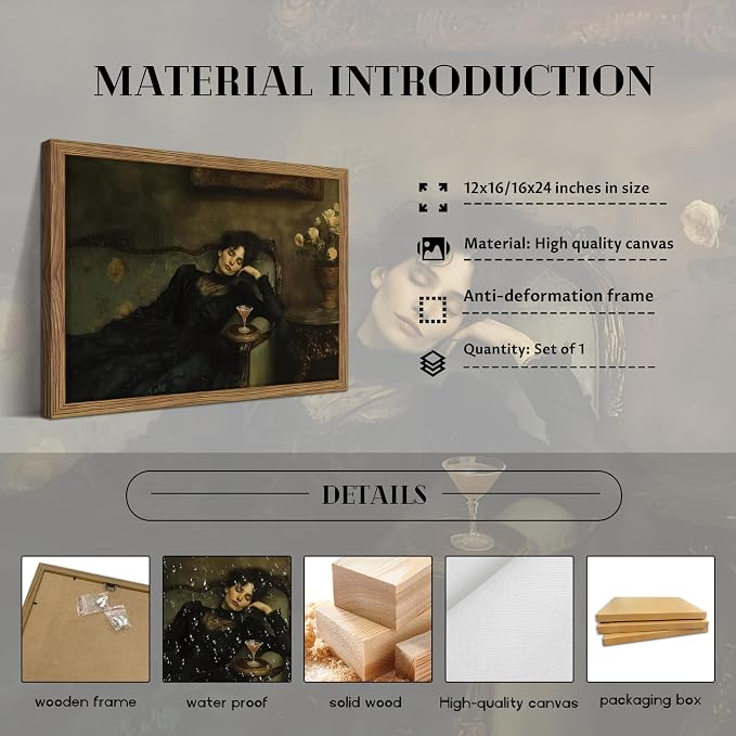 Framed Vintage Victorian Wall Art, Moody Woman Reclining on Sofa Canvas Poster, Dark Academia Portrait Oil Painting Prints, Classical Elegant Wall Decor for Living Room Bedroom Study 16x24in