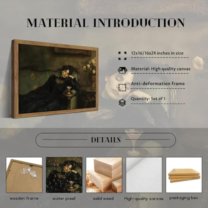 Framed Vintage Victorian Wall Art, Moody Woman Reclining on Sofa Canvas Poster, Dark Academia Portrait Oil Painting Prints, Classical Elegant Wall Decor for Living Room Bedroom Study 16x24in