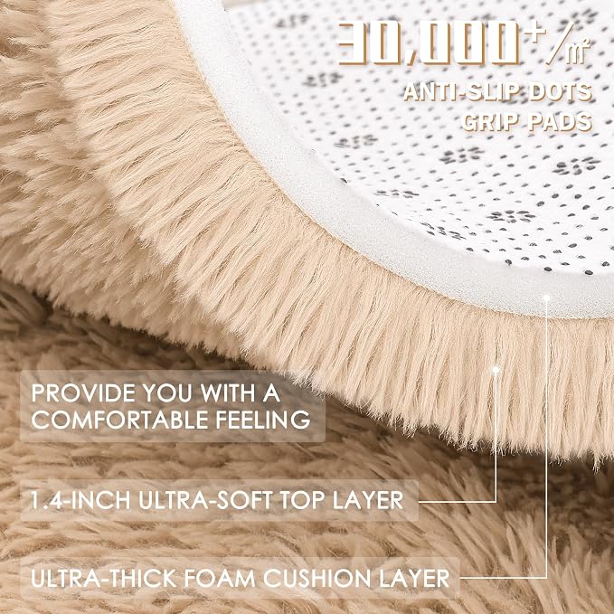 OLANLY Beige Round Rugs for Bedroom - Machine Washable, 7 ft Circle Area Rugs for Living Room, Soft and Fluffy Shaggy Carpet for Teen Girls and Boys, Nursery Rooms, Dorms, Home Decor Aesthetic