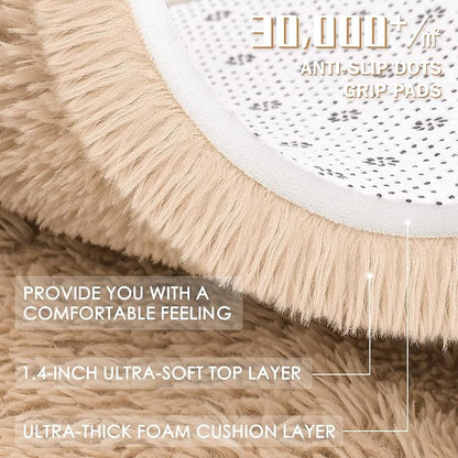OLANLY Beige Round Rugs for Bedroom - Machine Washable, 3 ft Circle Area Rugs for Living Room, Soft and Fluffy Shaggy Carpet for Teen Girls and Boys, Nursery Rooms, Dorms, Home Decor Aesthetic