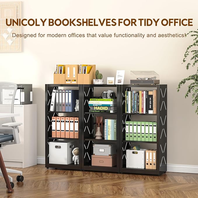 UNICOLY Bookshelves and Bookcases, 3 Tier Metal Bookshelf with Adjustable Shelves and Bookends, Open Shelf Bookcase, Display Shelves for Home Decor Bedroom, Living Room, Home Office, Black