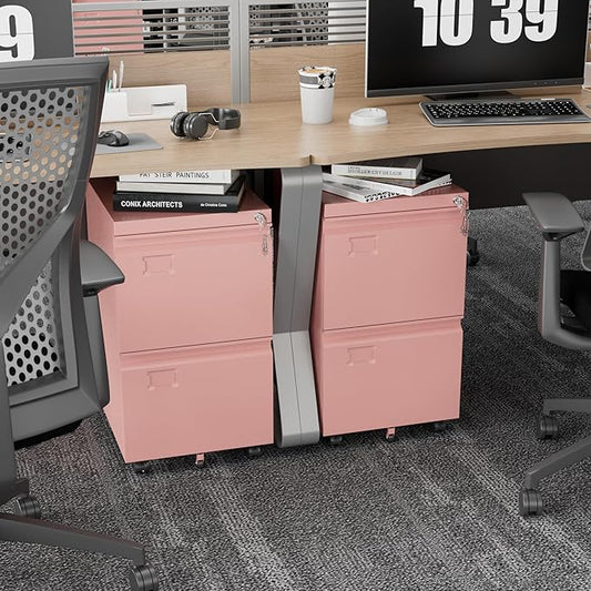 METAN 2 Drawer Metal File Cabinet with Lock, Mobile Rolling Filing Cabinet for Home Office, Under Desk Storage Holds Letter & Legal Size, 17.32" D x 14.56" W x 25.6" H, Assembly Required, Pink