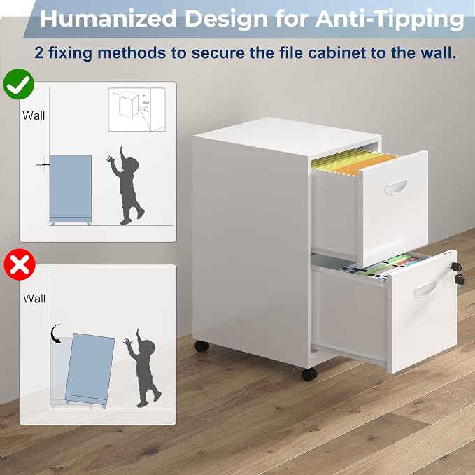 UNICOLY 2 Drawer File Cabinet with Lock, Filing Cabinets with Wheels, Rolling File Cabinets for Home Office, Metal Office File Cabinet, for Holding Letters and File Boxes, Assembly Required, White