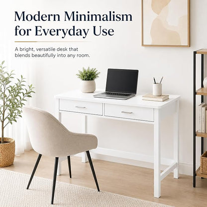 4NM 39.4" Small Desk with Wood Drawers, Home Office Computer Desk with Wooden Legs, Study Writing Table Vanity Desk for Small Spaces - White