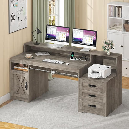 TVU Farmhouse Computer Desk with Drawers, 65'' Home Office Desk with Power Outlets, Storage Cabinet and Printer Stand, Study Writing Desks with Long Monitor Stand, Grey