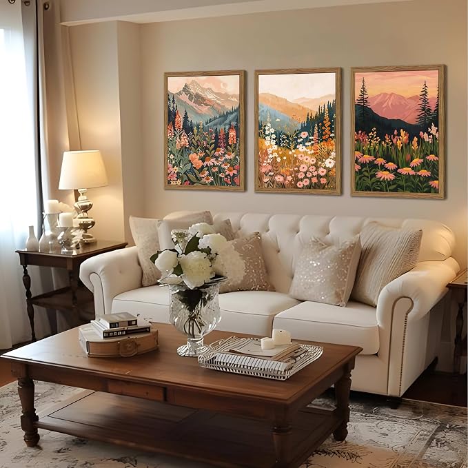 Boho Colorful Landscape Wall Art Set of 3, Vintage Wildflower Mountain Canvas Wall Decor Paintings, Rustic Nature Floral Pictures Prints for Living Room Bedroom 12x16 Inch Wood Framed