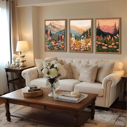 Boho Colorful Landscape Wall Art Set of 3, Vintage Wildflower Mountain Canvas Wall Decor Paintings, Rustic Nature Floral Pictures Prints for Living Room Bedroom 16x24 Inch Wood Framed