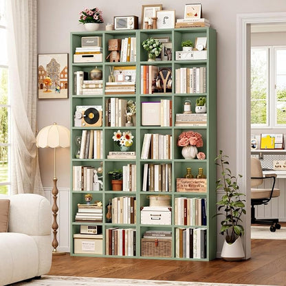 FOTOSOK 71'' Tall Bookshelf Set of 2, 7 Tier Large Bookshelf with Adjustable Shelves, Wide Bookcases and Bookshelf, DVD/CD Media Tower Storage, Cube Book Shelf Display Storage Cabinet, Green