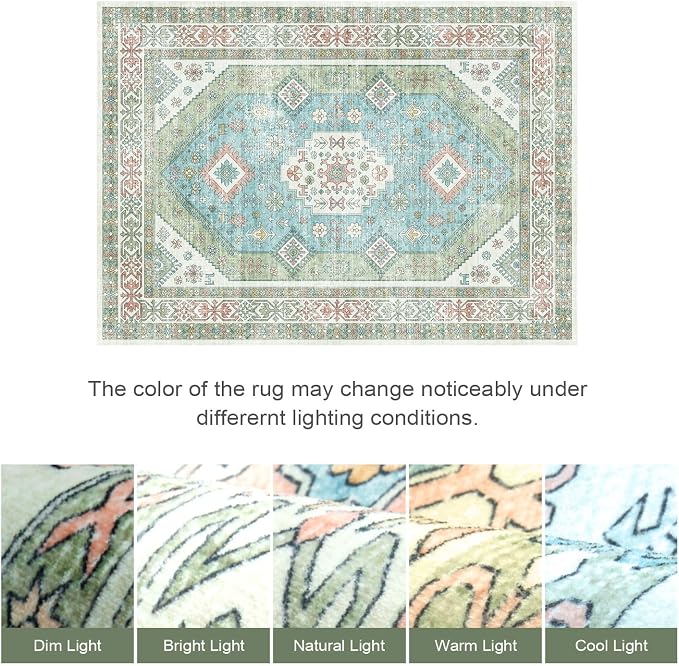 Lofus Vintage Living Room Rugs 8x10, Soft Machine Washable Area Rug for Bedroom Indoor Floor Home Office House Decor, Oriental Traditional Distressed Farmhouse Carpet, Boho Sage Green and Light Blue