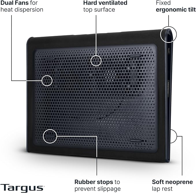 Targus 17 Inch Dual Fan Lap Chill Mat - Soft Neoprene Laptop Cooling Pad for Heat Protection, Fits Most 17" Laptops and Smaller - USB-A Connected Dual Fans for Heat Dispersion (AWE55US)