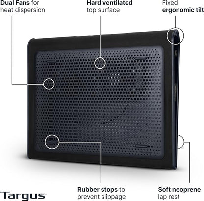 Targus 17 Inch Dual Fan Lap Chill Mat - Soft Neoprene Laptop Cooling Pad for Heat Protection, Fits Most 17" Laptops and Smaller - USB-A Connected Dual Fans for Heat Dispersion (AWE55US)